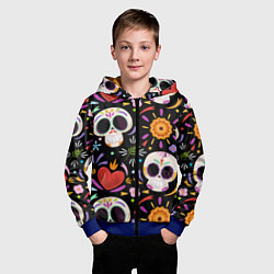 Толстовка на молнии детская Веселые черепа в цветах, цвет: 3D-синий — фото 2
