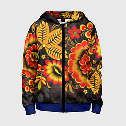 Толстовка на молнии детская Хохломская Роспись Цветы На Тёмном Фоне, цвет: 3D-синий