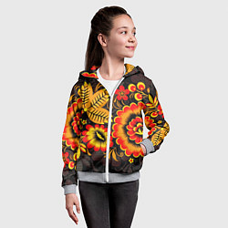 Толстовка на молнии детская Хохломская Роспись Цветы На Тёмном Фоне, цвет: 3D-меланж — фото 2