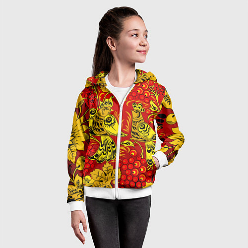 Детская толстовка на молнии Хохломская Роспись Две Птици На Красном Фоне / 3D-Белый – фото 4