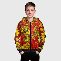 Толстовка на молнии детская Хохломская Роспись Две Птици На Красном Фоне, цвет: 3D-черный — фото 2