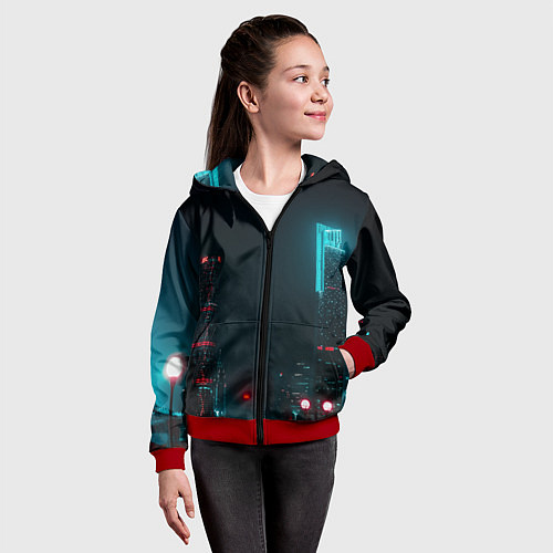 Детская толстовка на молнии Неоновые высотки в городе - Светло-синий / 3D-Красный – фото 4