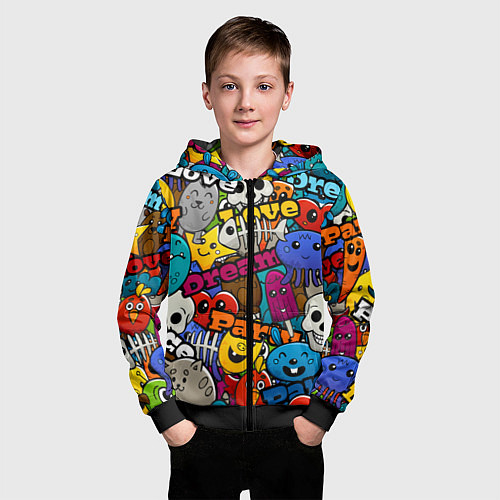 Детская толстовка на молнии Красочный паттерн из мультяшных героев / 3D-Черный – фото 3