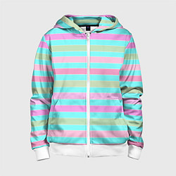 Толстовка на молнии детская Pink turquoise stripes horizontal Полосатый узор, цвет: 3D-белый