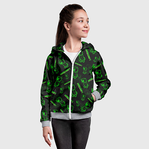 Детская толстовка на молнии Minecraft - Creeper салатовый неон / 3D-Меланж – фото 4