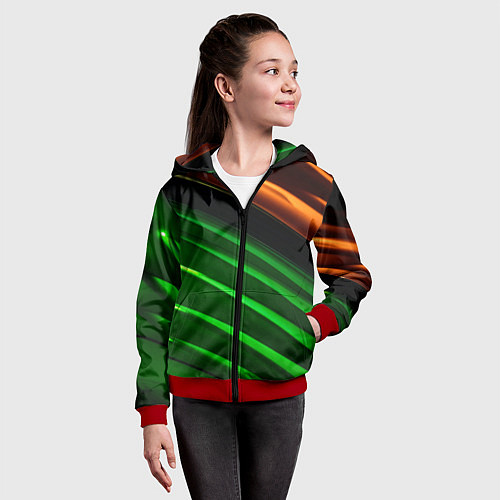 Детская толстовка на молнии Абстрактные зелёные и оранжевые поверхности / 3D-Красный – фото 4