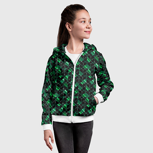 Детская толстовка на молнии Геометрический узор, зеленые фигуры на черном / 3D-Белый – фото 4