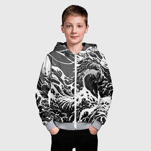 Детская толстовка на молнии Черно-белые волны / 3D-Меланж – фото 3