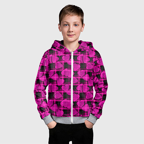 Детская толстовка на молнии Black and pink hearts pattern on checkered / 3D-Меланж – фото 3
