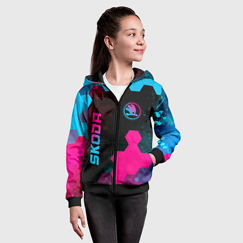 Детская толстовка на молнии Skoda - neon gradient: надпись, символ / 3D-Черный – фото 4