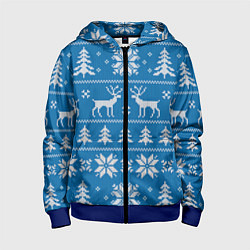 Толстовка на молнии детская Рождественский синий свитер с оленями, цвет: 3D-синий