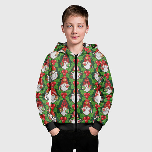 Детская толстовка на молнии Новогодние гномы - паттерн / 3D-Черный – фото 3