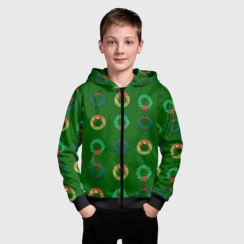 Детская толстовка на молнии Зеленые рождественские венки омелы / 3D-Черный – фото 3