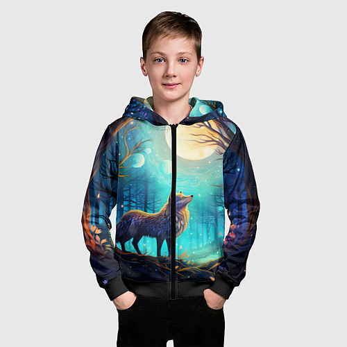 Детская толстовка на молнии Волк в ночном лесу в folk art стиле / 3D-Черный – фото 3