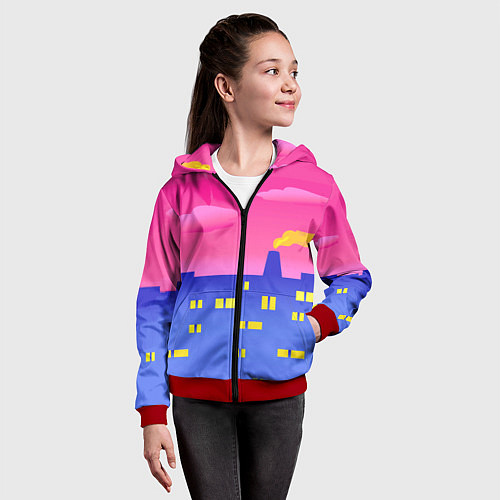 Детская толстовка на молнии Город на фоне розового неба / 3D-Красный – фото 4