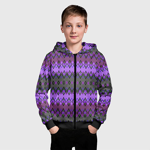 Детская толстовка на молнии Серо-фиолетовый этнический геометрический узор / 3D-Черный – фото 3