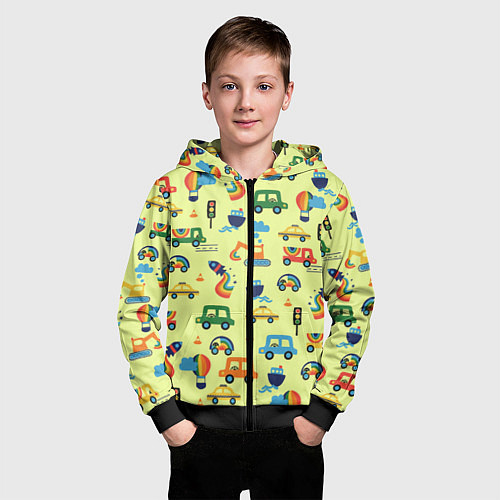 Детская толстовка на молнии Радуга и машинки - паттерн зеленый / 3D-Черный – фото 3