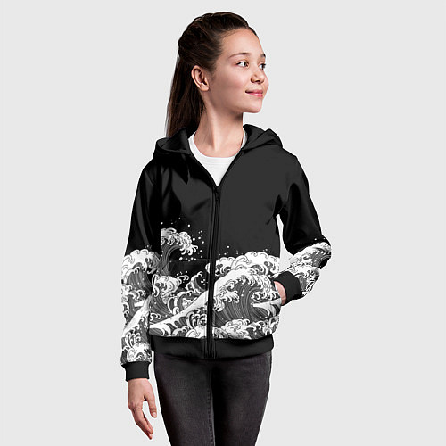 Детская толстовка на молнии Японские волны на темном фоне / 3D-Черный – фото 4