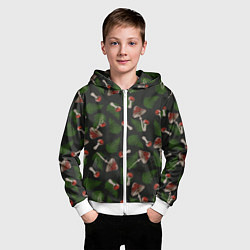 Толстовка на молнии детская Мухоморы и папоротник на черном - паттерн, цвет: 3D-белый — фото 2
