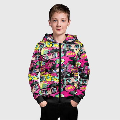 Детская толстовка на молнии Глаза аниме-девушки: cool pattern / 3D-Черный – фото 3