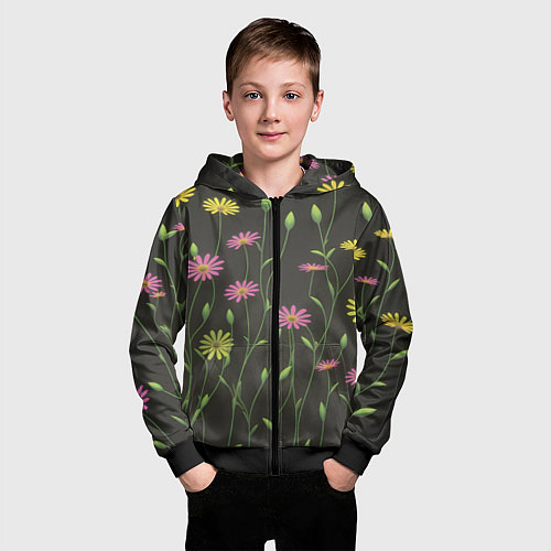 Детская толстовка на молнии Полевые цветочки на темном фоне / 3D-Черный – фото 3