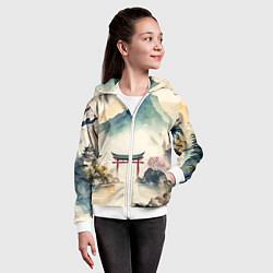 Толстовка на молнии детская Японский пейзаж - акварель, цвет: 3D-белый — фото 2