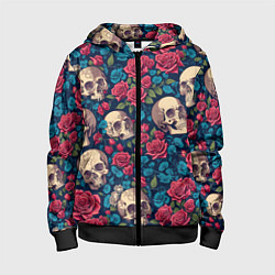 Толстовка на молнии детская Черепа и красные розы, цвет: 3D-черный
