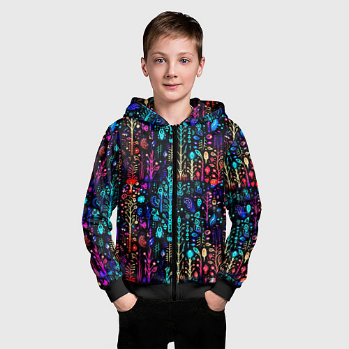 Детская толстовка на молнии Флуоресцентные Цветы / 3D-Черный – фото 3