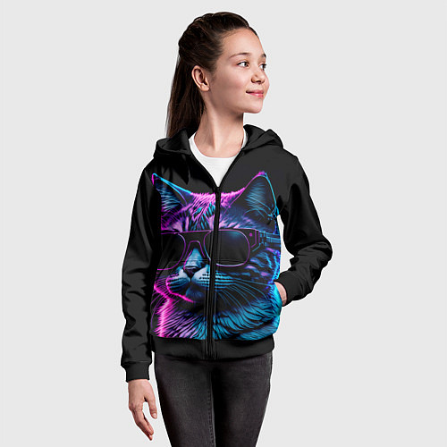 Детская толстовка на молнии Неоновый котик в очках / 3D-Черный – фото 4