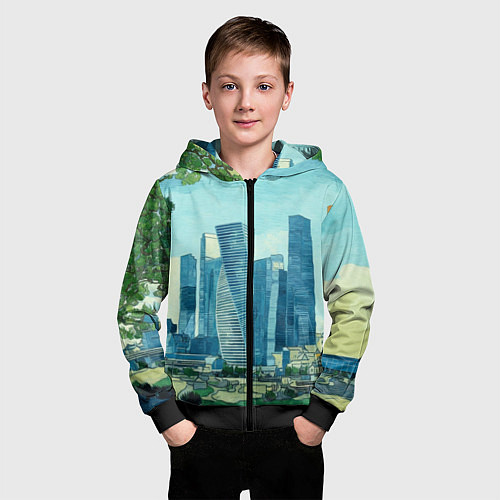 Детская толстовка на молнии Москва-сити Ван Гог / 3D-Черный – фото 3
