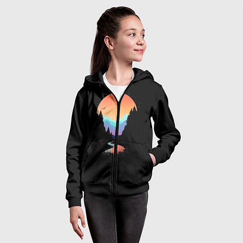 Детская толстовка на молнии Неоновое солнце SynthWave / 3D-Черный – фото 4