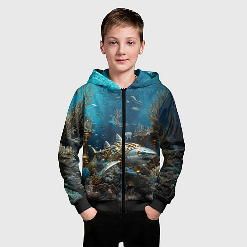 Детская толстовка на молнии Механическая акула / 3D-Черный – фото 3