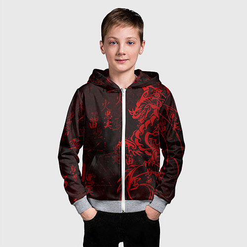 Детская толстовка на молнии Красный дракон - иероглифы / 3D-Меланж – фото 3