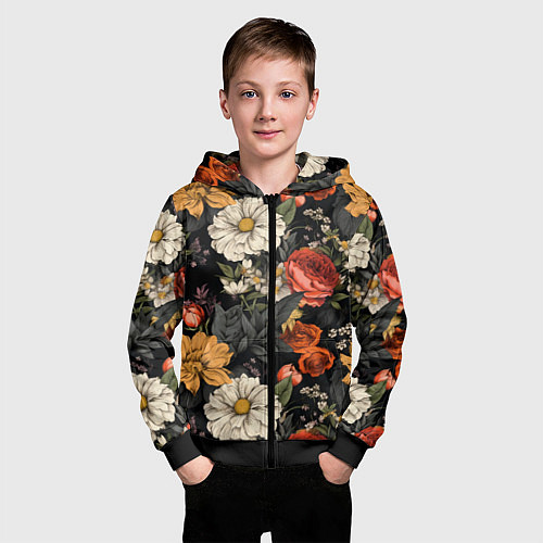 Детская толстовка на молнии Цветочный паттерн на черном / 3D-Черный – фото 3