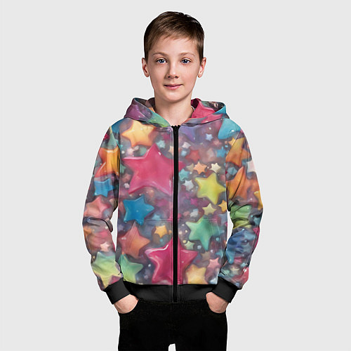 Детская толстовка на молнии Разноцветные новогодние звёзды / 3D-Черный – фото 3