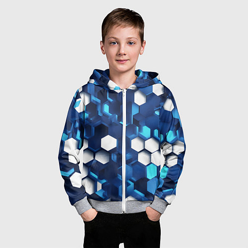 Детская толстовка на молнии Cyber hexagon Blue / 3D-Меланж – фото 3