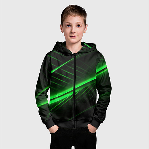 Детская толстовка на молнии Зеленые полосы на черном фоне / 3D-Черный – фото 3