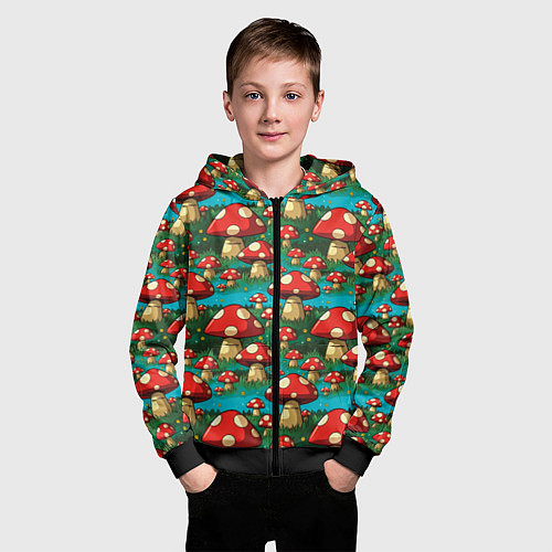Детская толстовка на молнии Мультяшный мухомор паттерн / 3D-Черный – фото 3