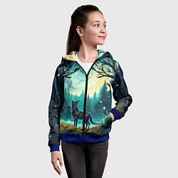 Толстовка на молнии детская Волк в ночном лесу фолк-арт, цвет: 3D-синий — фото 2