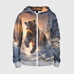 Толстовка на молнии детская Бурый медведь в лесу, цвет: 3D-меланж