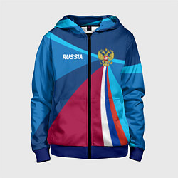 Толстовка на молнии детская Герб и триколор России с геометрией, цвет: 3D-синий