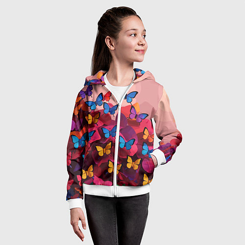 Детская толстовка на молнии Разноцветные бабочки - розовые цветы / 3D-Белый – фото 4