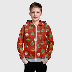 Толстовка на молнии детская Елочки и Санта - паттерн красная клетка, цвет: 3D-меланж — фото 2