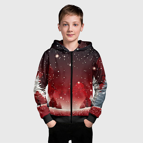 Детская толстовка на молнии Зимний берег реки с деревьями и льдом / 3D-Черный – фото 3