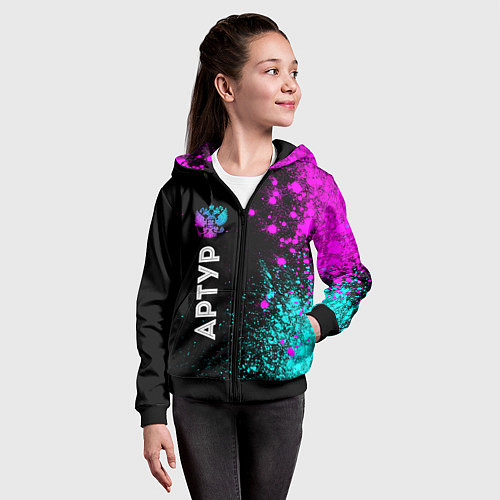 Детская толстовка на молнии Артур и неоновый герб России по-вертикали / 3D-Черный – фото 4