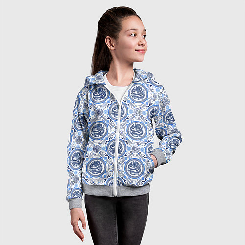 Детская толстовка на молнии Драконы в стиле гжели / 3D-Меланж – фото 4