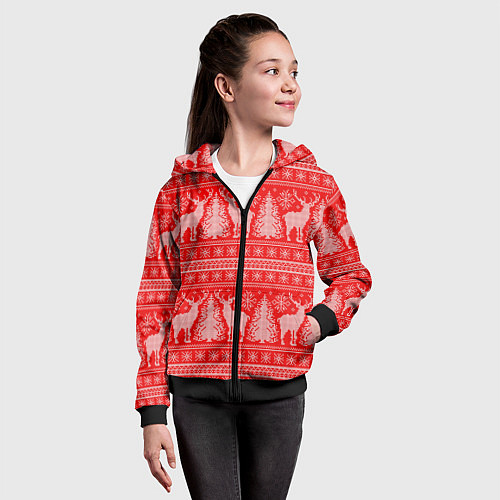 Детская толстовка на молнии Новогодний узор с оленями и елками / 3D-Черный – фото 4