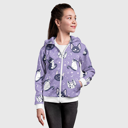 Детская толстовка на молнии Мистические кошечки - паттерн фиолетовый / 3D-Белый – фото 4