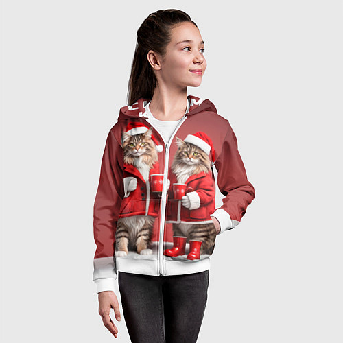 Детская толстовка на молнии С новым котом - два кота в костюмах Санты / 3D-Белый – фото 4