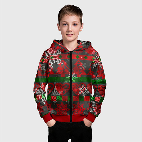 Детская толстовка на молнии Рождественские узоры ёлки и снежинки / 3D-Красный – фото 3